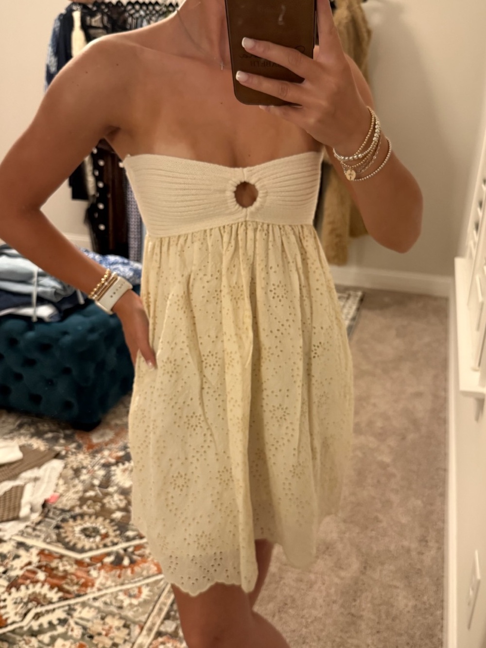 Zara Strapless Eyelet Dress with Front Ring - Cream (S)
